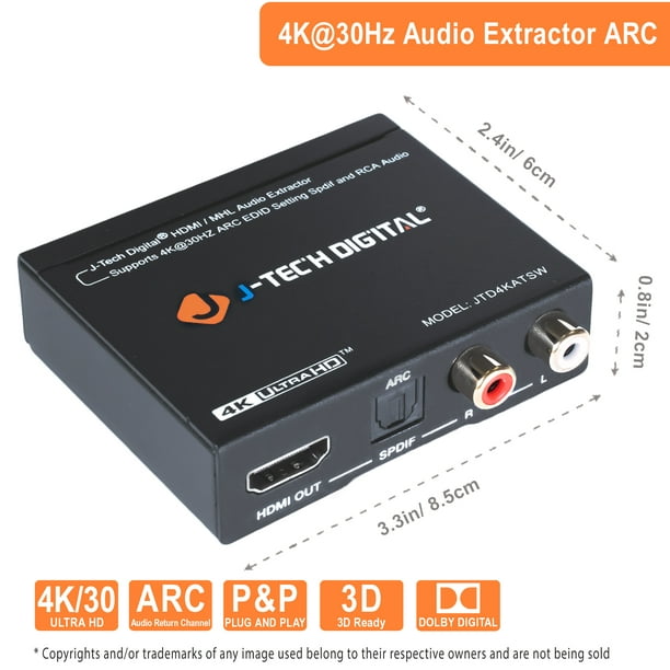 J-Tech Digital 4K HDMI to HDMI and Audio (RCA Stereo SPDIF) Extractor Converter De-embedder | HDMI ARC to Optical [JTD4KATSW] - Walmart.com