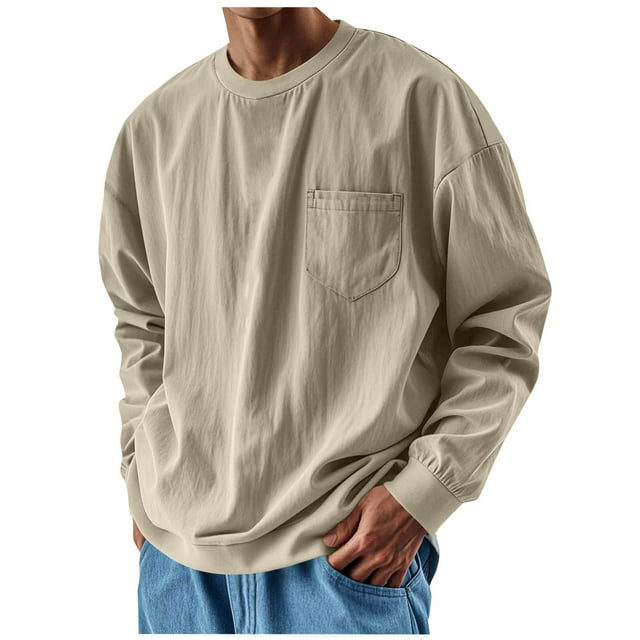 Men’s Long Sleeve Crewneck Fall Tee Shirt Casual Winter Basic Oversized Distressed Washed Sweatshirt Round Neck Top with Pocket