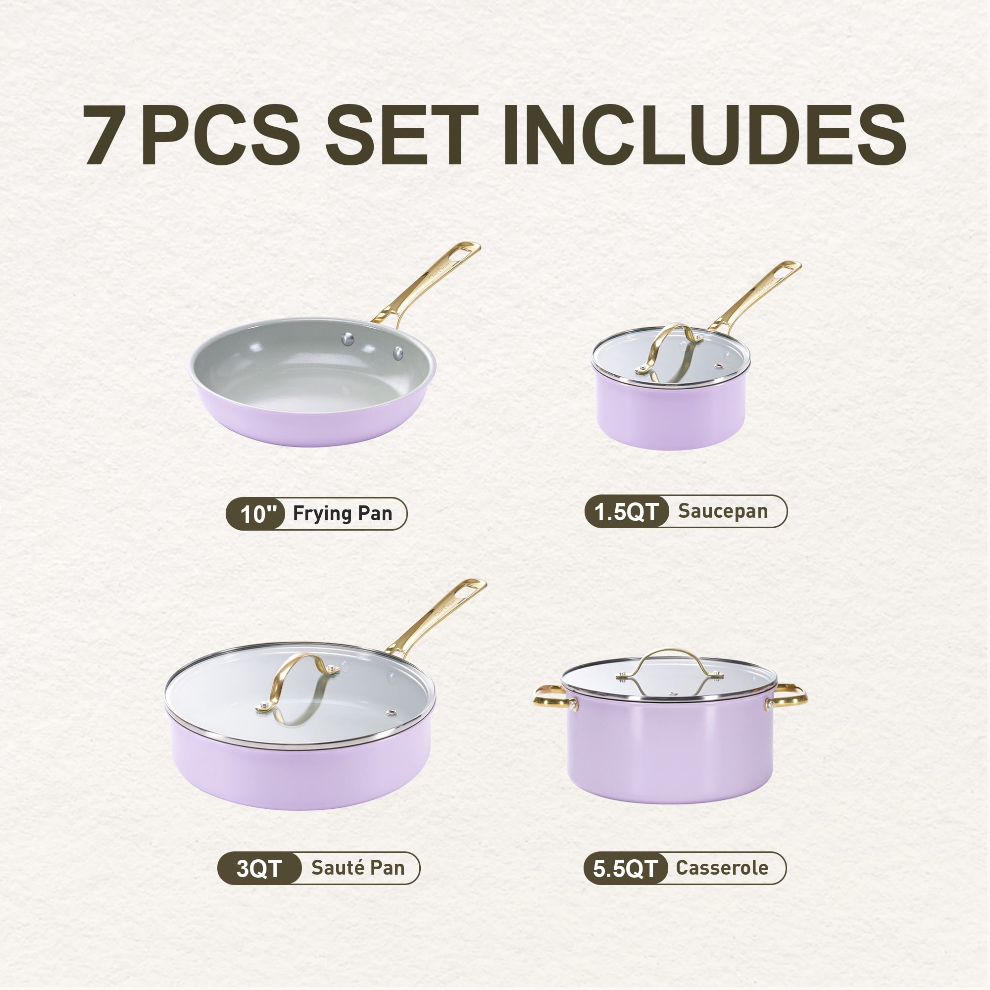 Chef Power 7 Pcs Ceramic Cookware Sets, Non-Stick Pots and Pans Set with Stainless Steel Handles, Dishwasher and Oven Safe, Light Purple with Light Gold Handles