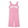 thumbnail image 4 of LIIPEE Girls Romper Children Kids Sleeveless Bow Shoulder Strap Jumpsuit Long Straight Leg Letter Printed Bodysuit With Pocket Comfortable Breathable Soft Cute Daily Onesie,Pink,5-6 Years, 4 of 4