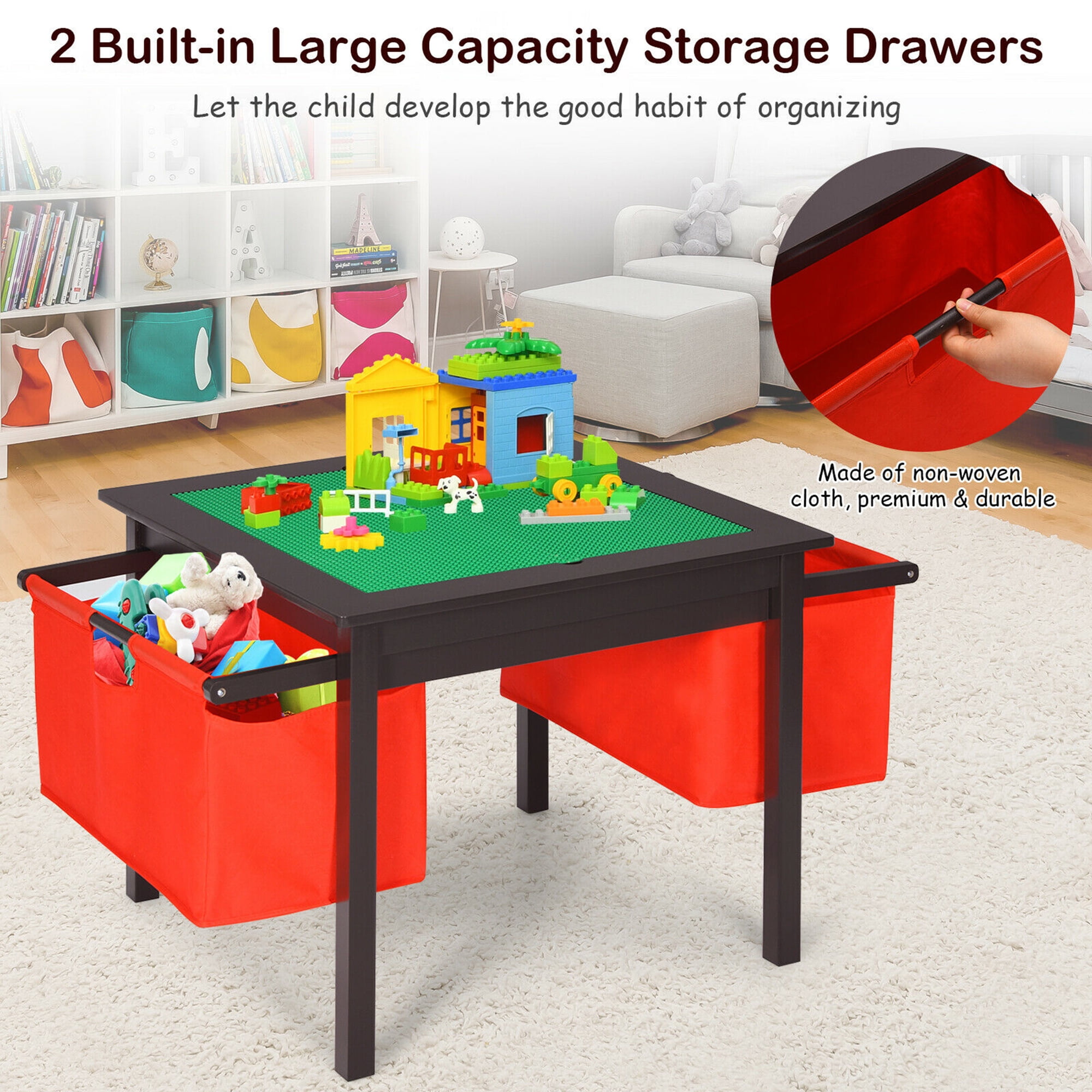 Gymax 2-in-1 Kids Activity Table & 2 Chairs Set w/Storage Building Block Table Espresso