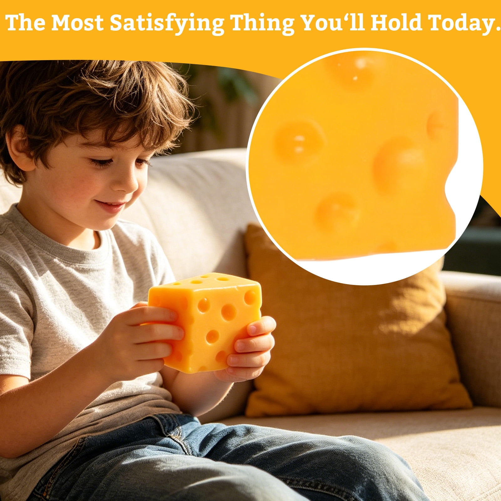 Squeezy Cheese Block - 4 Inch Extra Large Squishy Squeeze Cheese Block, 4 Inch Giant Stress Ball, Fidget Sensory Toy Gifts for Adult Kids