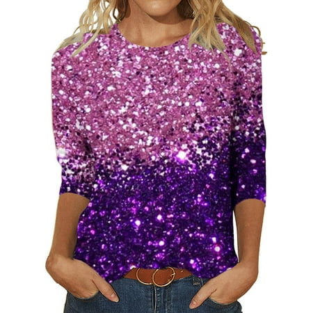 Outfmvch Glitter Top Mesh Long Sleeve Tops for Women Shirts for Women Women s Sequin T Shirt Design Three Sleeved Round Neck Fashion Top 3/4 Length Sleeve Womens Tops Corset Tops for Women Gray 1 5XL