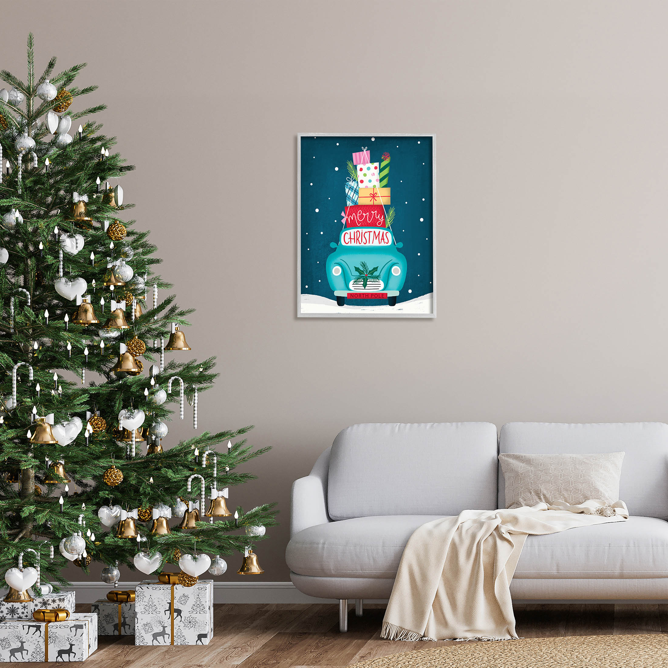 Merry Christmas Stacked Gifts Car Holiday Graphic Art Gray Framed Art Print Wall Art