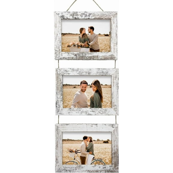 Sinoeco Picture frames,Wall Hanging Frame 5 x 7 Inch Collage 3 Picture frames, Wooden Gallery with String, Horizontal Collage White Triple Frame Made to Display 4 x 6 inch Photos for Wall Wecoration