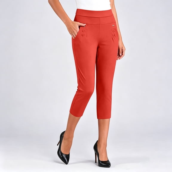 Utoimkio Women's High Waist Capri Trousers,Comfort Pull-On Pants with Button Accents