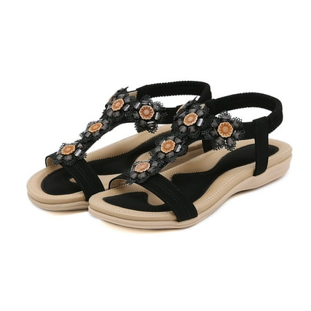 

XIAQUJ Summer Fashion Women Casual Open Toe Flat Rhinestone Flowers Comfortable Soft Bottom Breathable Elastic Band Shoes Sandals Sandals for Women Black 7(38)