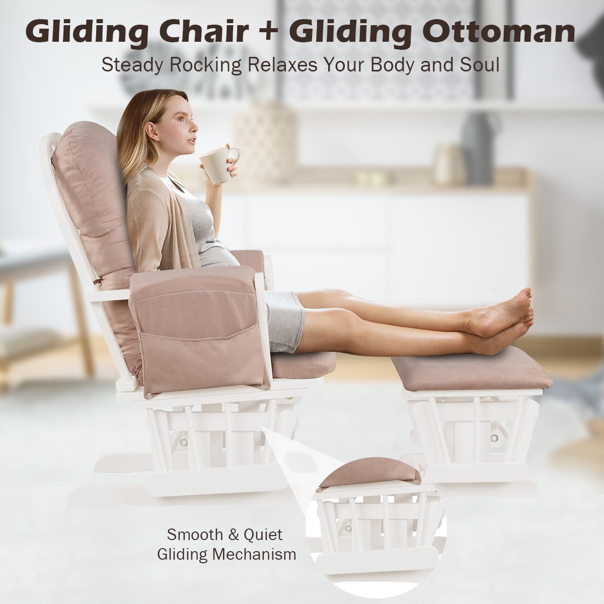 Infans Glider and Ottoman Cushion Set Wood Baby Nursery Rocking Chair Pink