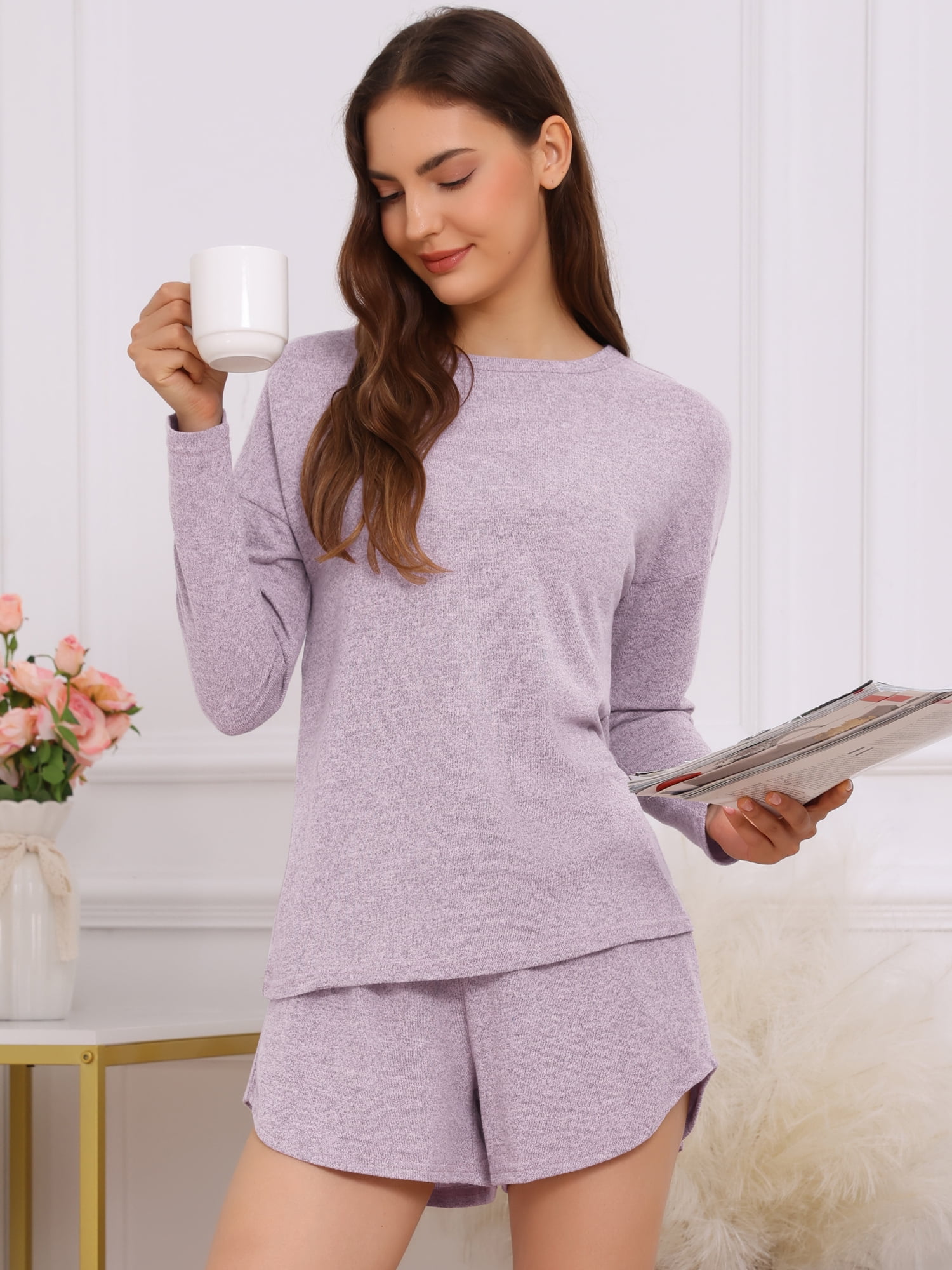 DARING DIVA Women's Long Sleeve Elastic Waistband Top and Shorts Set Loungewear S Purple