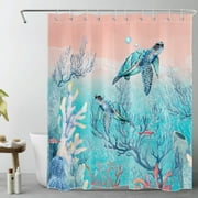 HVEST Watercolor Sea Turtle Shower Curtain Teal Turtle and Fish in Colorful Coral Shower Curtain for Bathroom Beach Coastal Theme Bathroom Shower Curtain with Hooks,60 x 72 Inch