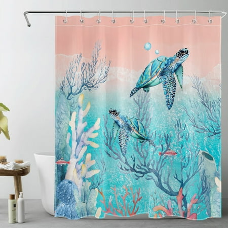 HVEST Watercolor Sea Turtle Shower Curtain Teal Turtle and Fish in Colorful Coral Shower Curtain for Bathroom Beach Coastal Theme Bathroom Shower Curtain with Hooks,60 x 72 Inch