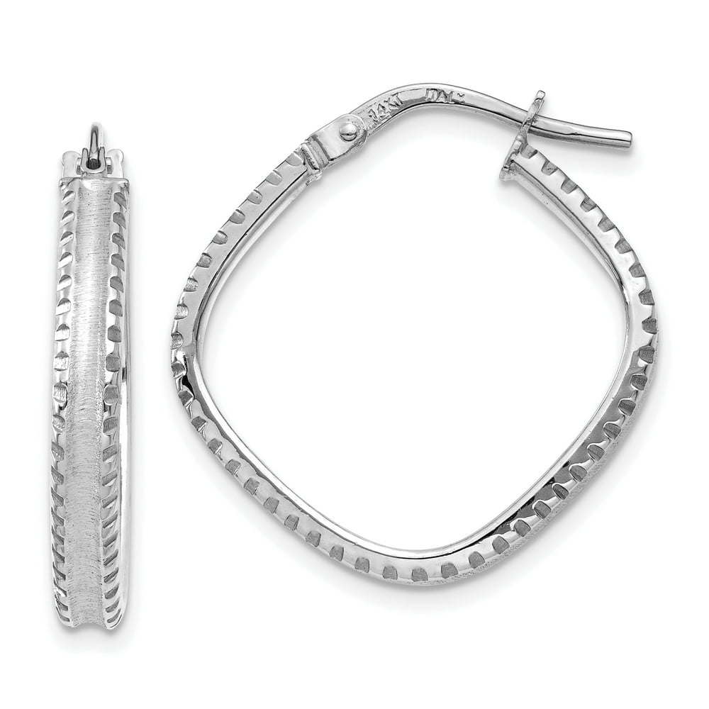 14K White Gold Polished/Satin Ridge Edge Concave Square Hoop Earrings