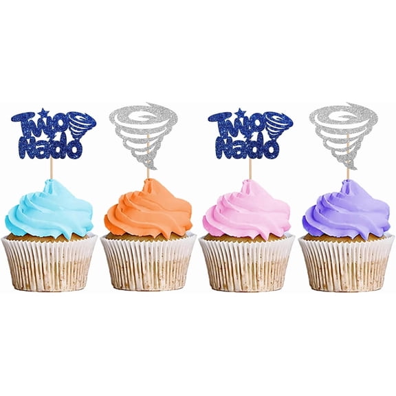 Blue & Silver Glitter Twonado Cupcake Toppers, 12 Count Tornado Theme 2nd Birthday Cupcake Picks, Kids Two Year Old Birthday Party Cake Decorations