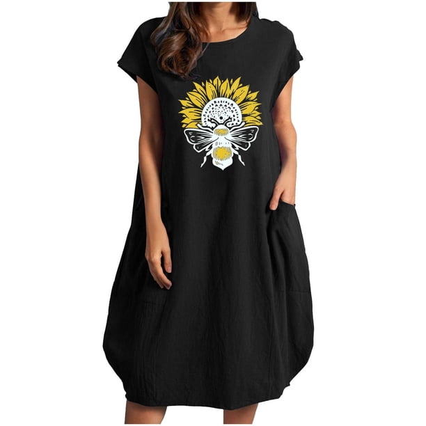 Vestido suelto de manga corta informal con estampado floral de algodón y lino de verano para mujer con bolsillo y cuello redondo Fridja qw3517