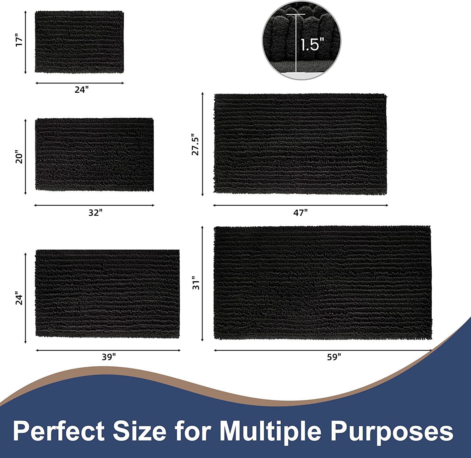 Soft Plush Microfiber Bathroom Rugs, Absorbent Bath Rugs Non Skid Machine Wash Dry Bath Mats for Tub,Shower and Bath Room Floor Mats (17x24inches, Black)