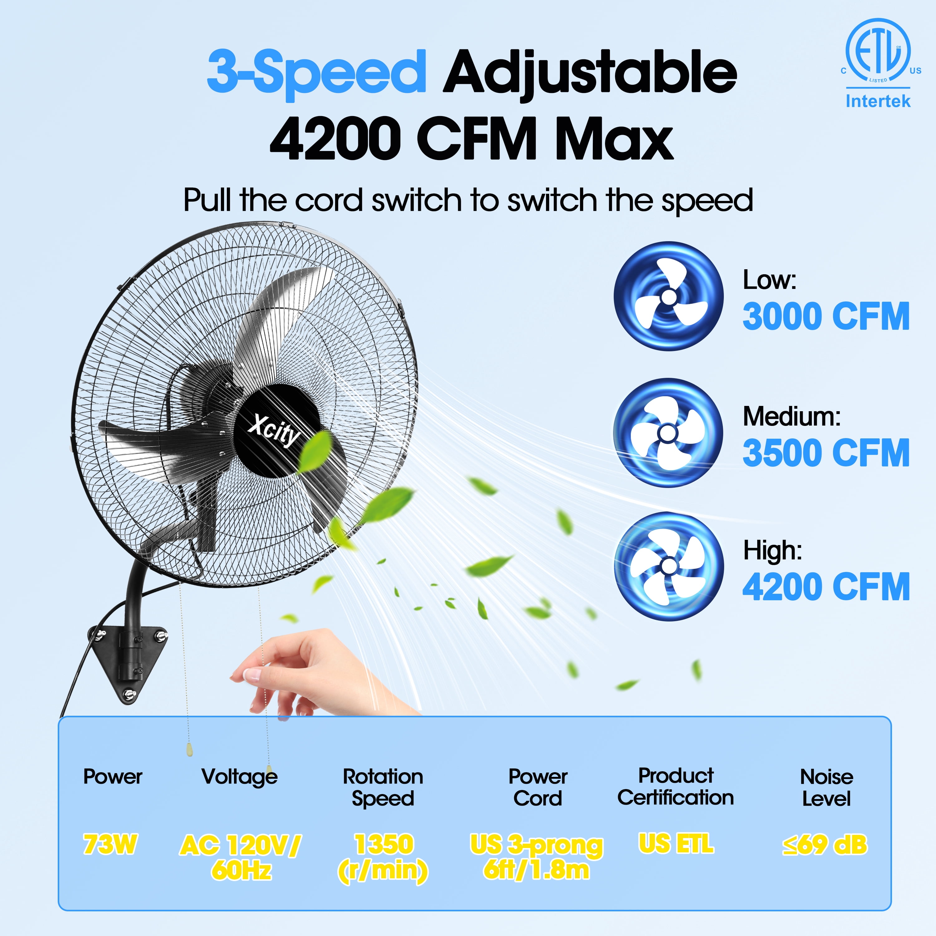 avobird 18-Inch Metal Wall-Mounted Fan — 3-Speed Settings, 90° Left-to-Right Oscillation,Powerful Airflow Up to 2600 CFM — High-Velocity Industrial Fan, Ideal for Homes, Factories, and Workshops
