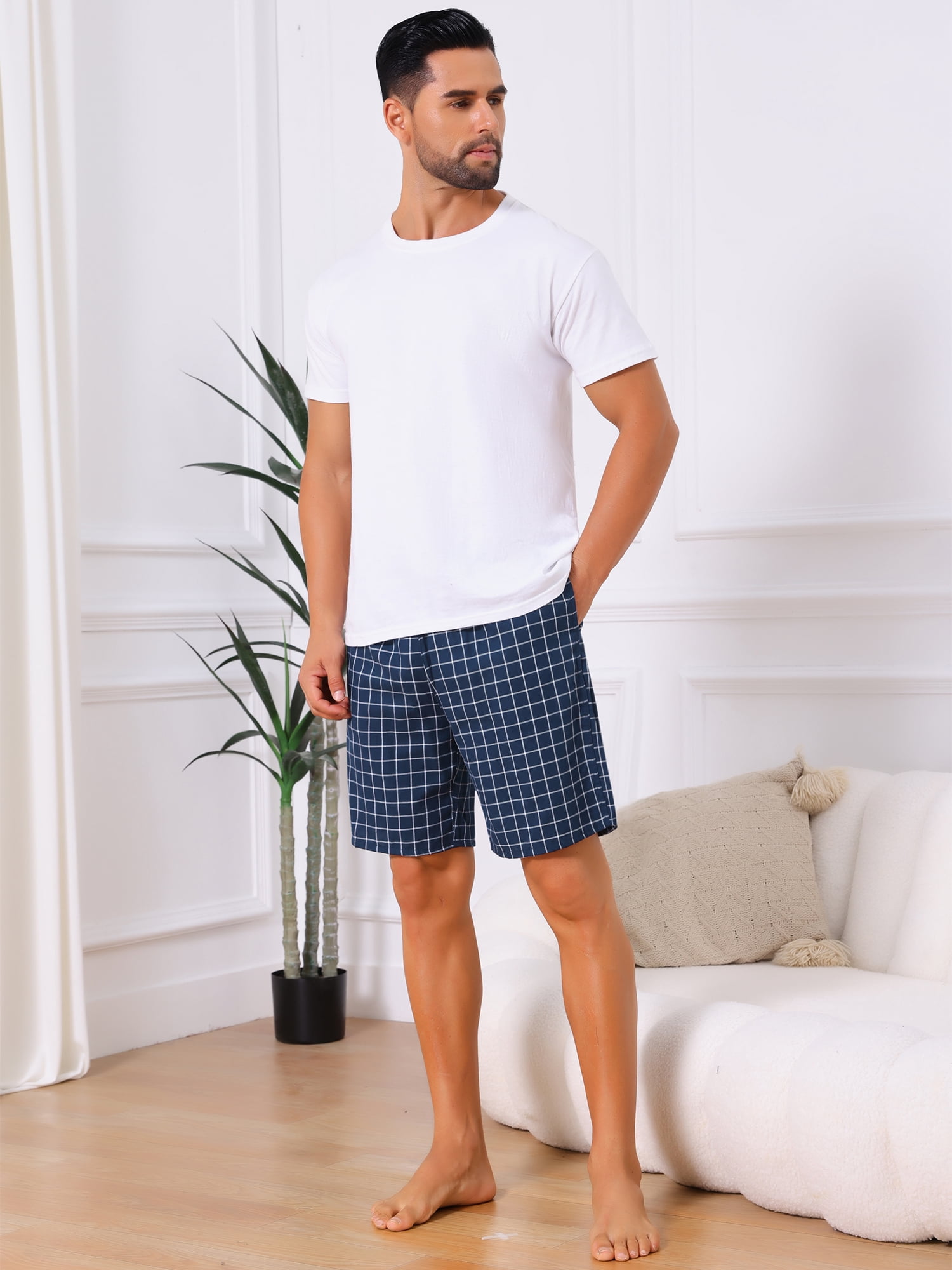 DARING DIVA Men's Elastic Waist Plaid Pajamas Sleep Shorts 34 Blue