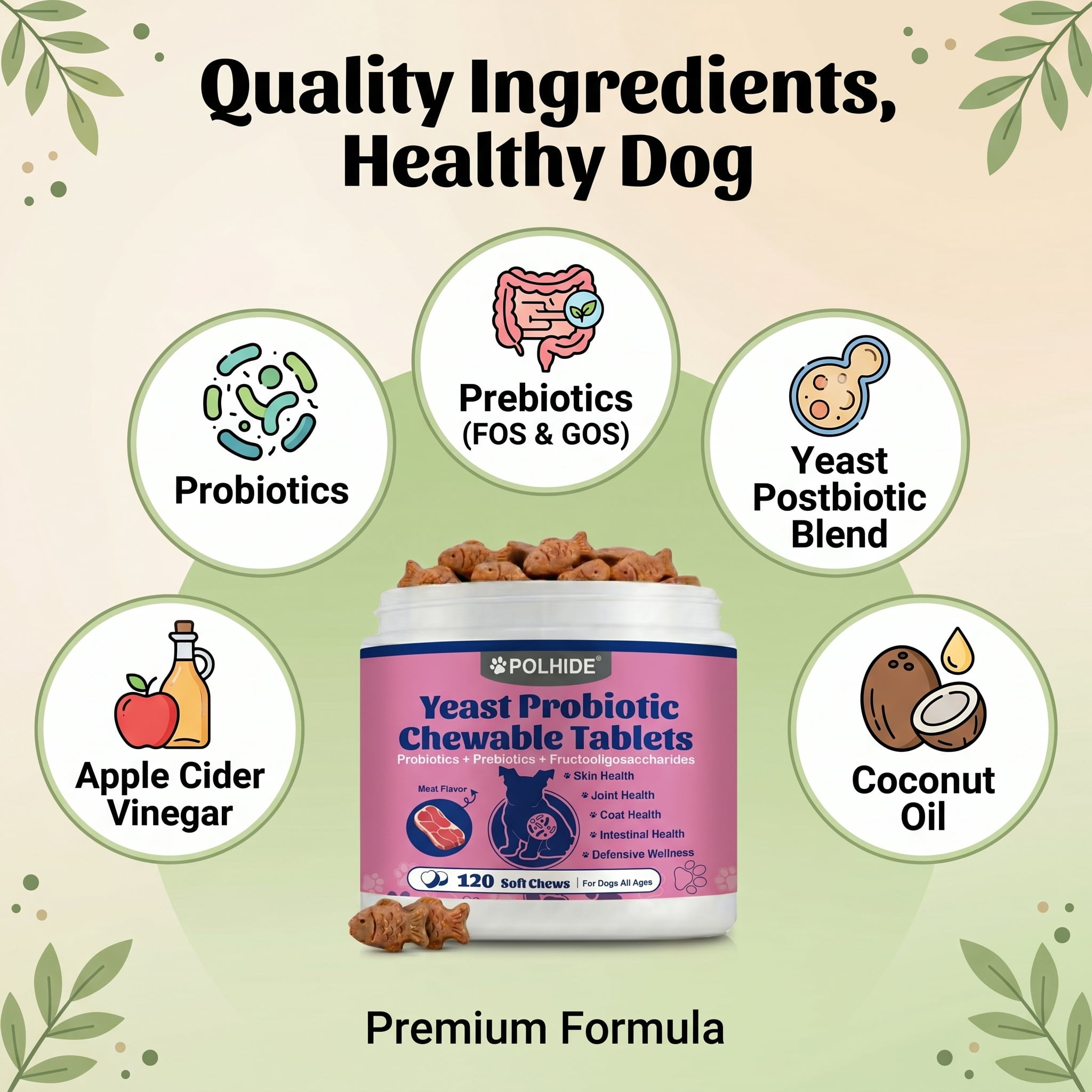 POLHIDE Yeast Probiotic Chews for Dogs, Itch Relief Sensitive Skin and Gut Health Support, 3 Billion CFU, Meat Flavor, 120 Count