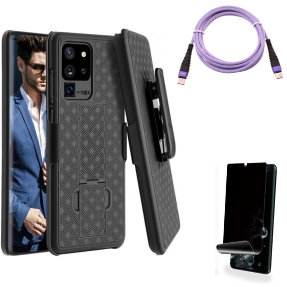 Privacy Screen Protector w Case Belt Clip w Purple 10ft PD Cable for Samsung Galaxy S20 Ultra - TPU Film [NOT GLASS] [Fingerprint Works], Holster Swivel Cover, Type-C to USB-C fits Galaxy S20 Ultra