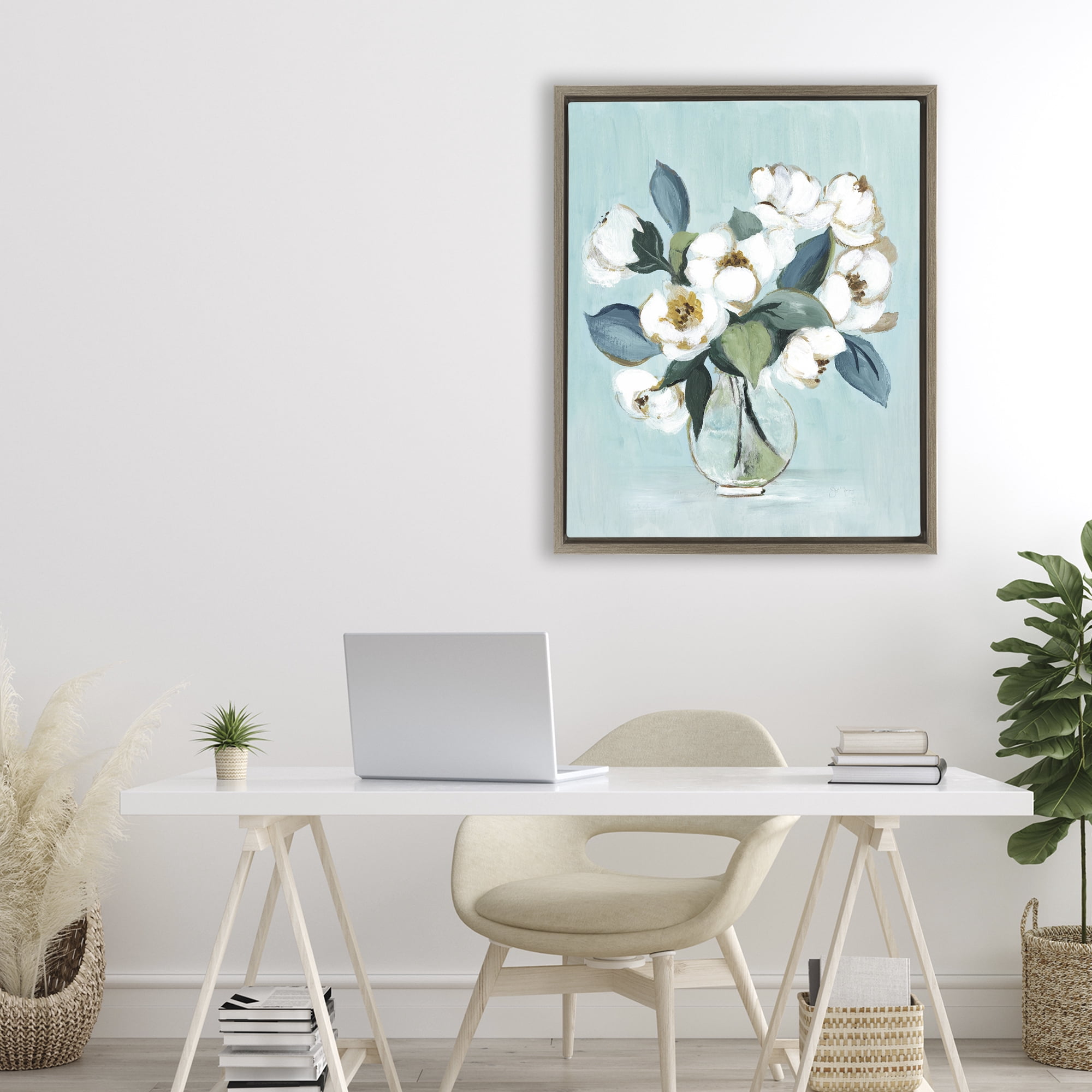 Stupell Industries Magnolia Arrangement over Blue Brown Framed Floater Canvas Wall Art, design by Janet Tava