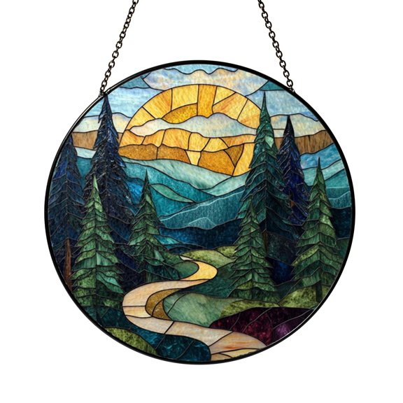 Peaceful Forest Path Stained Glass Style Suncatcher Window Hanging Decor, Woodland Landscape Window Ornament Decorative Glass Art Panel for Nature Home Decor