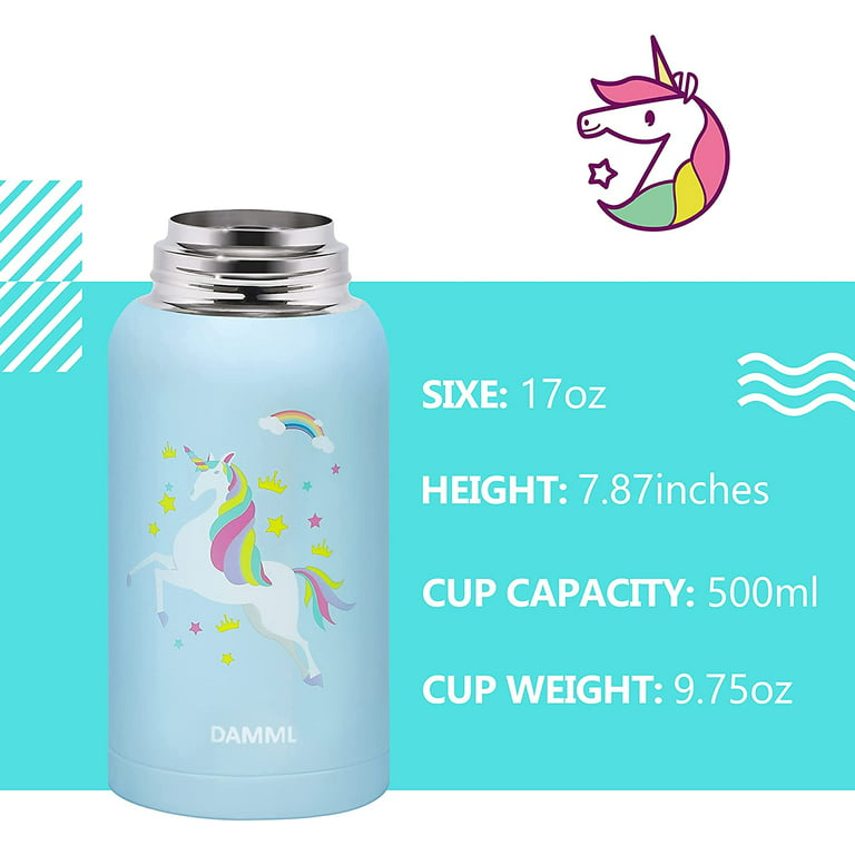 Softlife Insulated Kids Water Bottle,Double Wall Vacuum Stainless Steel  Girls School Leakproof Thermos Water Bottle with 2 Straw Lids,Portable Kids  Cup for Travel Sports Camping,14oz,Unicorn Pattern 