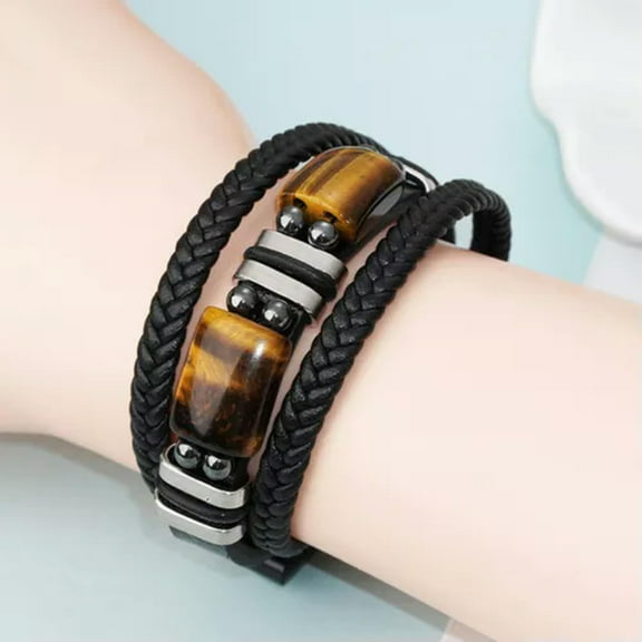 K-KED Natural Tiger's Eye Stone Men's Leather Braided Bracelet Bangle Magnetic Clasp