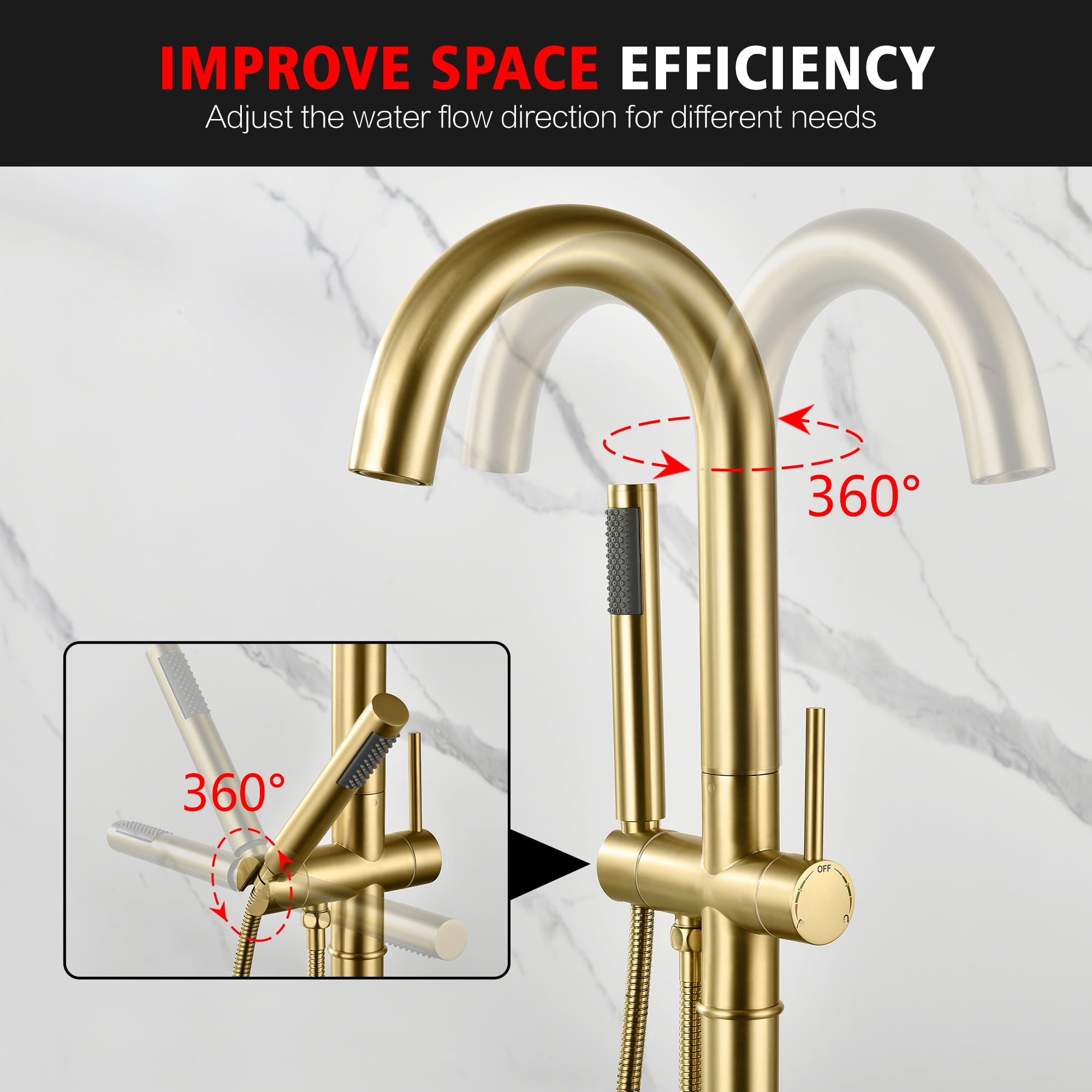 sumerain Freestanding Tub Faucet Brushed Gold, Brass Floor Mount Bathtub Filler Faucet with Handheld Sprayer for Bathroom, High Flow