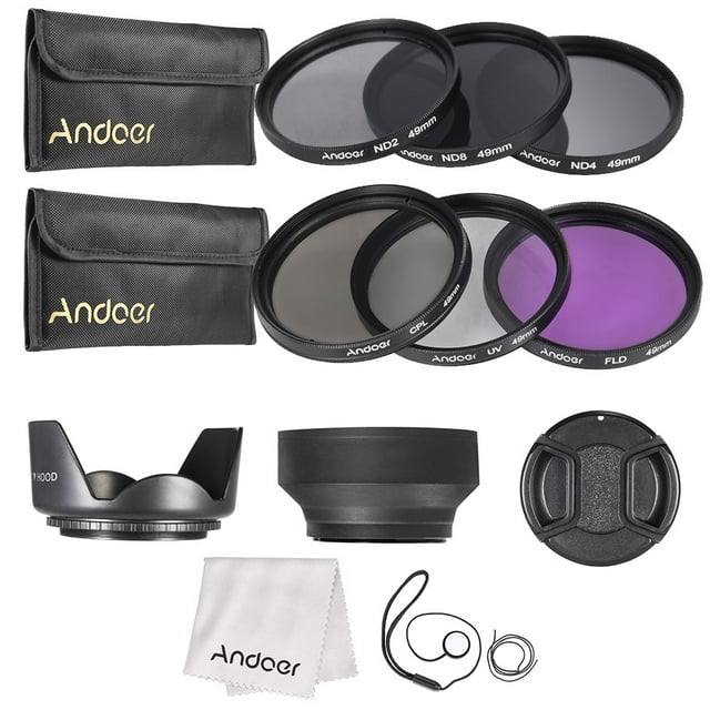 Placa ND Andoer 49mm Kit de Lentes UV + CPL FLD + + ND (ND2 ND4 ND8) con Carry Cap bolsa / tapa del objetivo / soporte Lens / Tulipán, caucho Limpieza y protección / paño de limpieza Andoer Placa ND