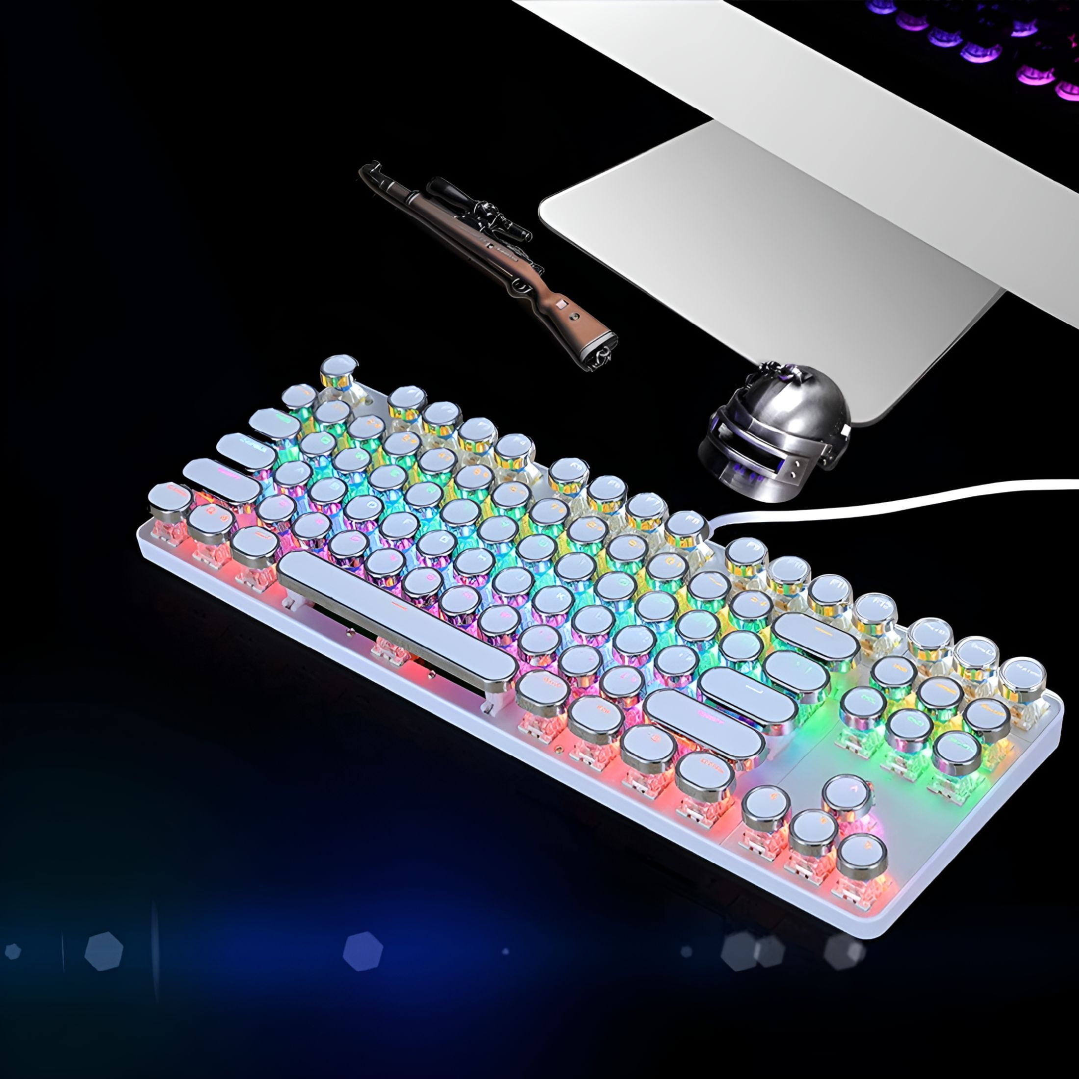 GJX Mechanical Gaming Keyboard Typewriter Style with RGB LED Rainbow Backlit Blue Switch Retro Steampunk Round Keycaps for Windows Gaming PC (87 Keys)