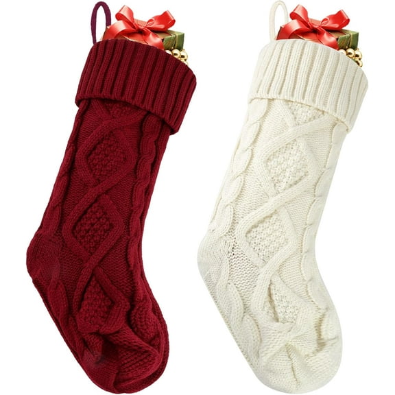 2 Pack Christmas Stockings, 18 Inches Large Cable Knitted Xmas Stocking for Fireplace, Christmas Tree, Holiday Party Decorations