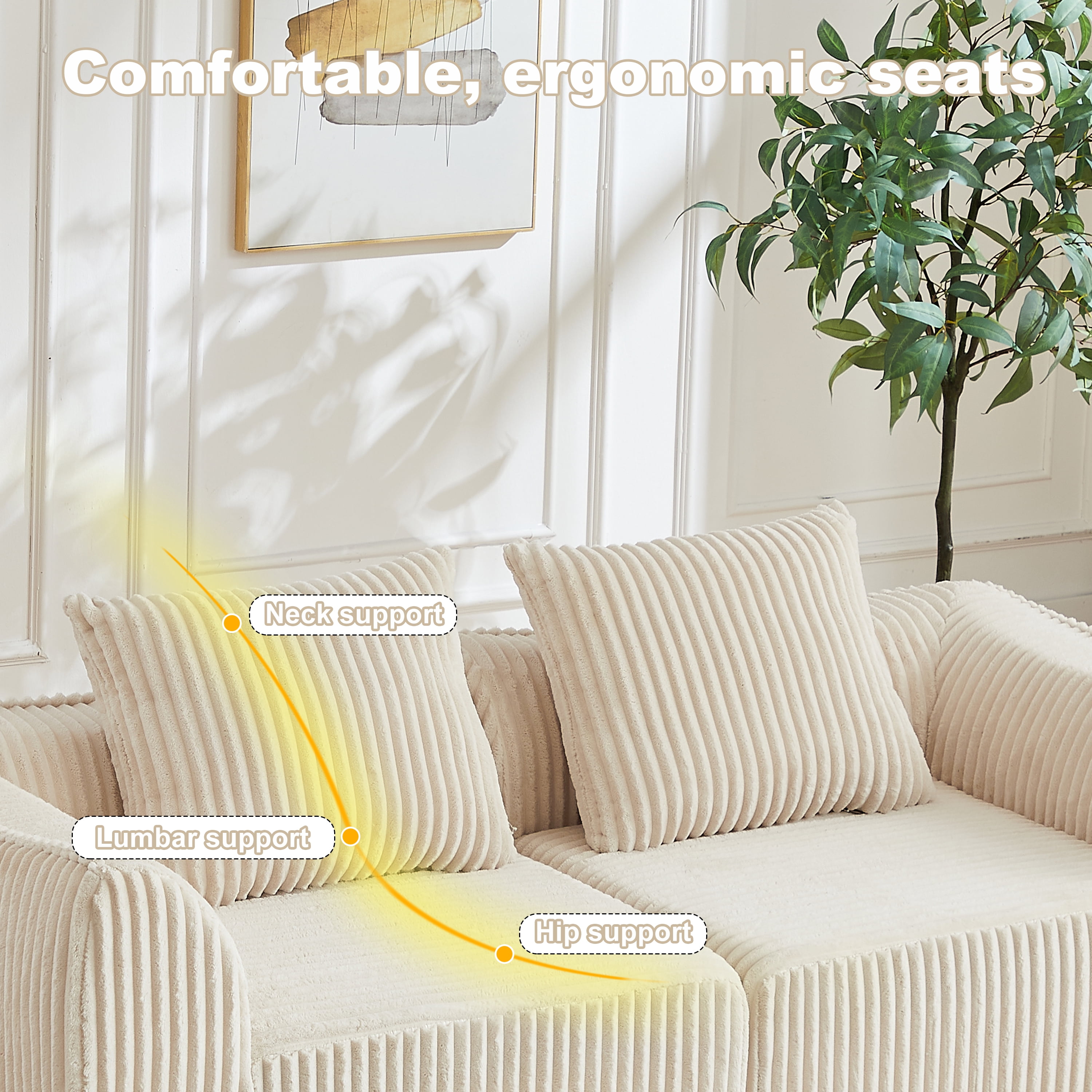 Leumius Corduroy Sofa for Living Room, Boneless Loveseat Couch with Gently Sloped Backrest and 2 Pillows,No Assembly,Beige(2 Seat)