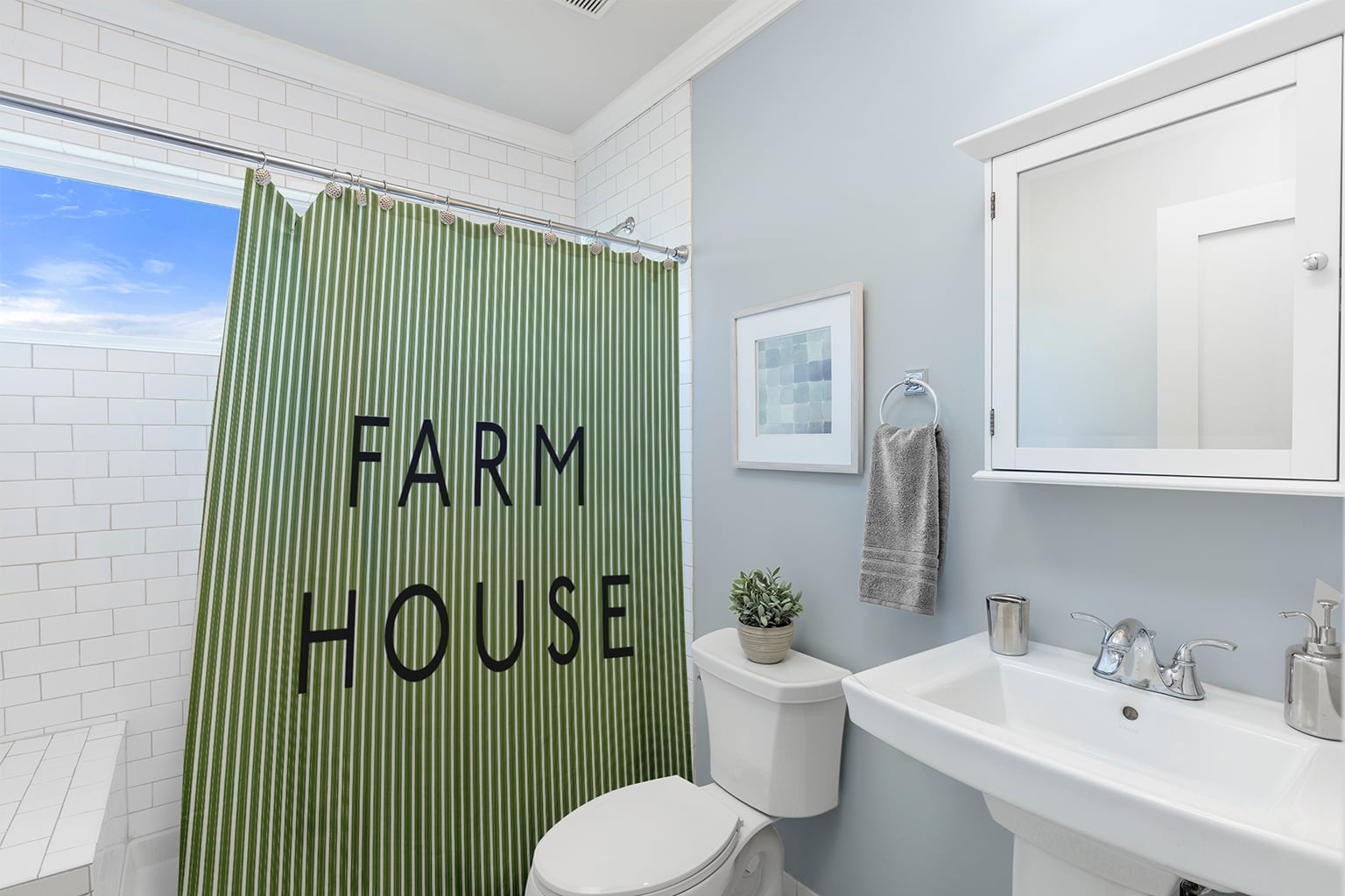 Simply Daisy 70" W x 73" L Farmhouse Ticking Polyester Shower Curtain, Light Olive Green [1 Ct]