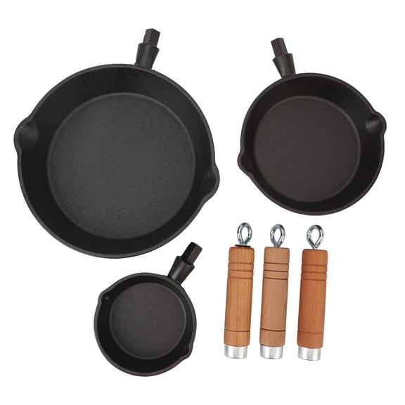 BIMZUC 3‑Piece Mini Cast Iron Skillet Set – Pre‑Seasoned, Non‑Stick, Wood Handles, 10/16/21 cm – Ideal for Frying, Sauteing, Broiling