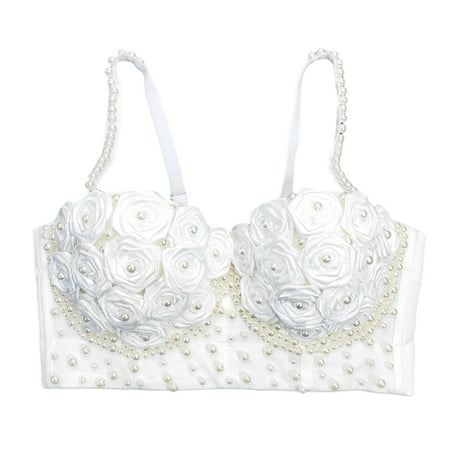 

YUUZONE Women 3D Rose Floral Pearls Beaded Bustier Bras Spaghetti Strap Corsets Bralette