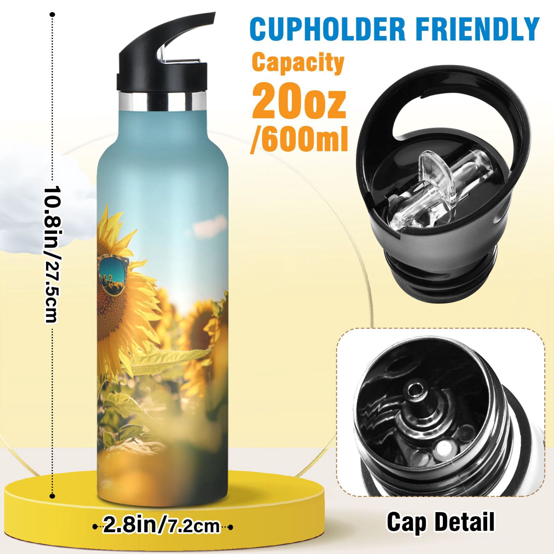 Kids Insulated Stainless Steel Sports Water Bottle 600ml (20oz), BPA-Free Sunflowers Wear Sunglasses