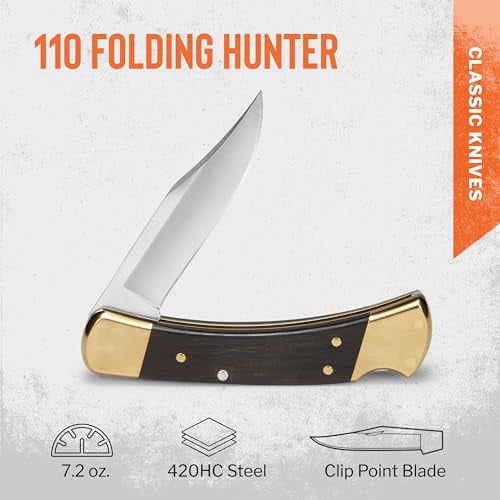 Buck Knives 110 Famous Folding Hunter Knife with Genuine Leather Sheath - TOP SELLER