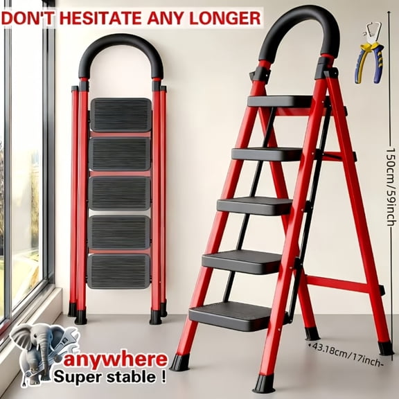 500 Lbs Capacity Folding Step Ladder, Heavy‑Duty Steel Step Stool with Anti‑Slip Wide Pedals Handrail & Safety Lock, Portable for Home Kitchen Use