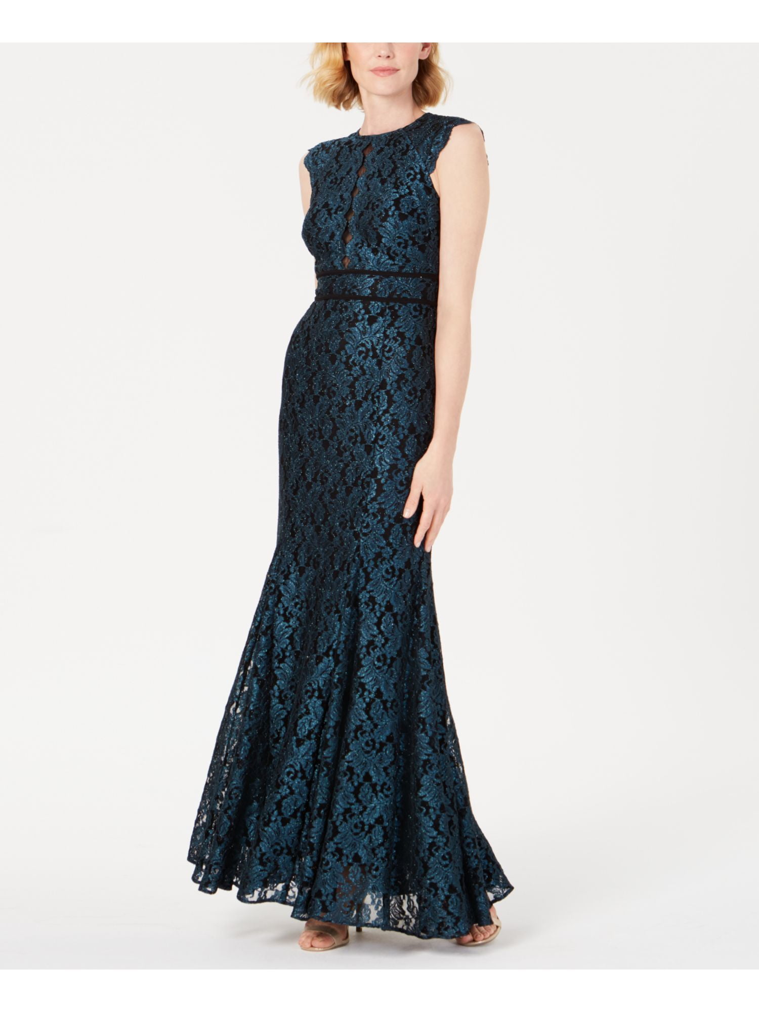 Nightway - NIGHTWAY Womens Teal Lace Glitter Zippered Cap Sleeve Jewel Neck Full-Length Mermaid 
