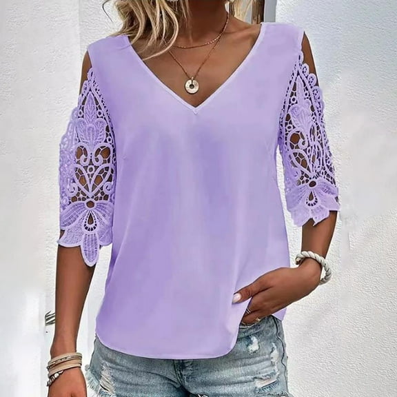 BAODANN Women's T Shirt Lace Cut Out Plain Daily Half Sleeve V Neck Basic Regular Top Woman's Shirts Women's Loose Fit Tees Women Tees and Tops Womens Long Sleeve Layering Shirt Long Sleeve Layering