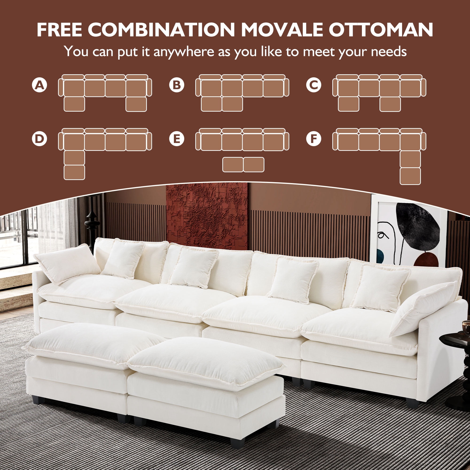 BedLuxury 146.5'' U shape Modular Sectional Sofa with Movable Ottomans, Modern Chenille Deep Seat Couches for Living Room, Apartment, Office, 4-Seat, Beige