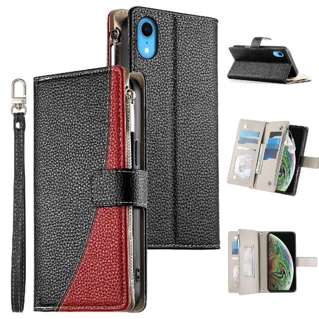 Funda cartera GANGXUN para iPhone XR , cuero PU con tarjetero, cremallera, correa de mano, soporte y protección 991°