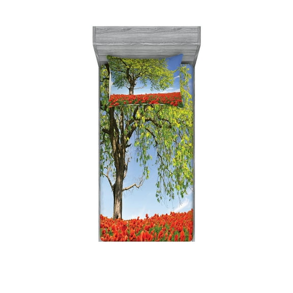 Ambesonne Tree Fitted Sheet & Pillow Sham Set, Spring Scenery Flowers, Twinxl, Green Red Blue