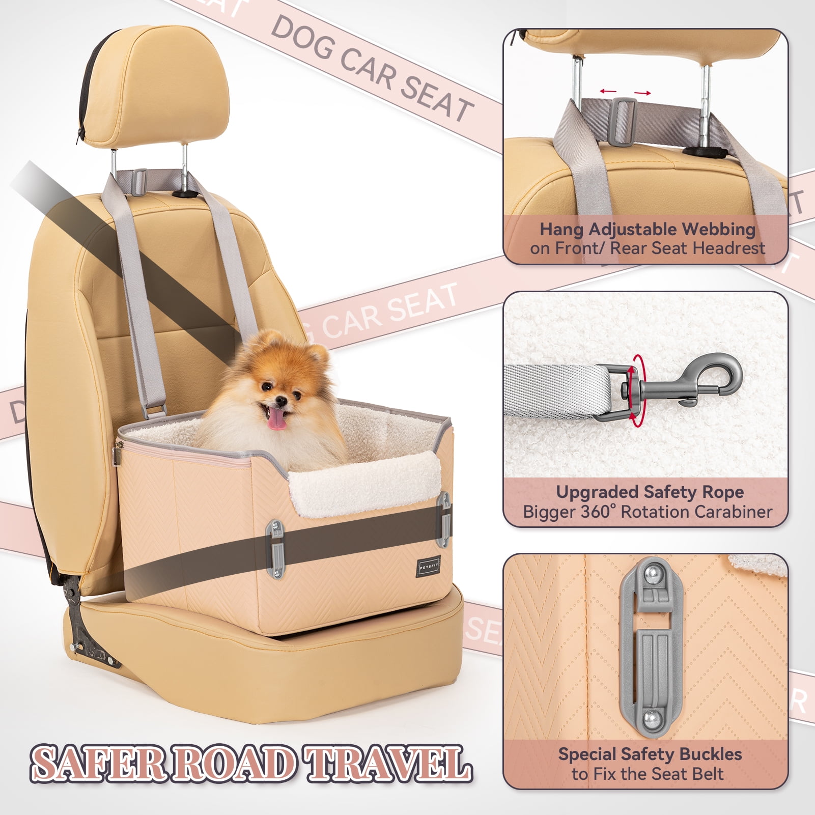 PETSFIT Cat Car Seat, Waterproof PU Leather ,Patent Safe Buckles, Dog Booster Car Seat for Small Pets up to 25lbs (Orange)