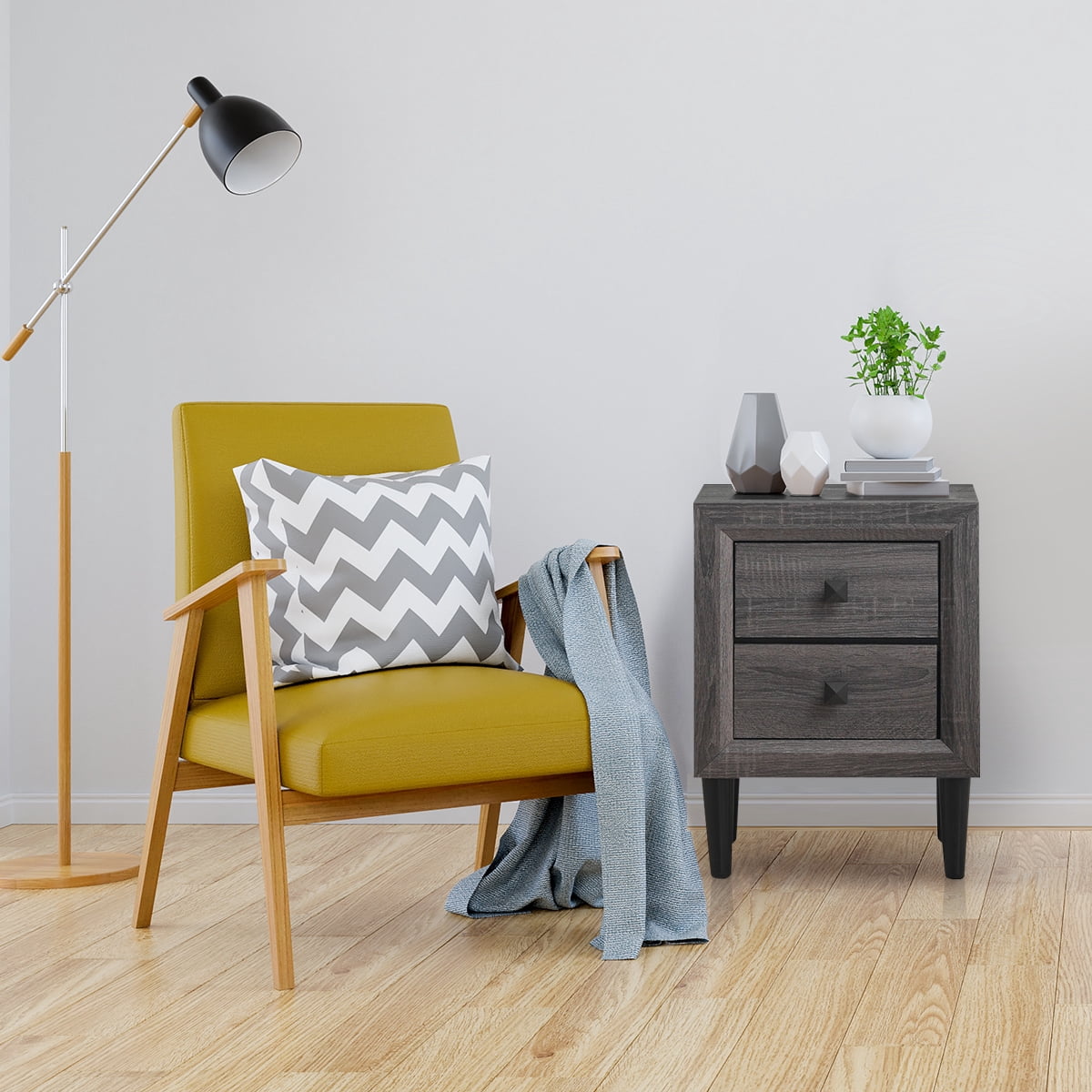 Costway 2PCS Nightstand W/2 Drawer Multipurpose Retro Grey Bedside Table Fully Assembled