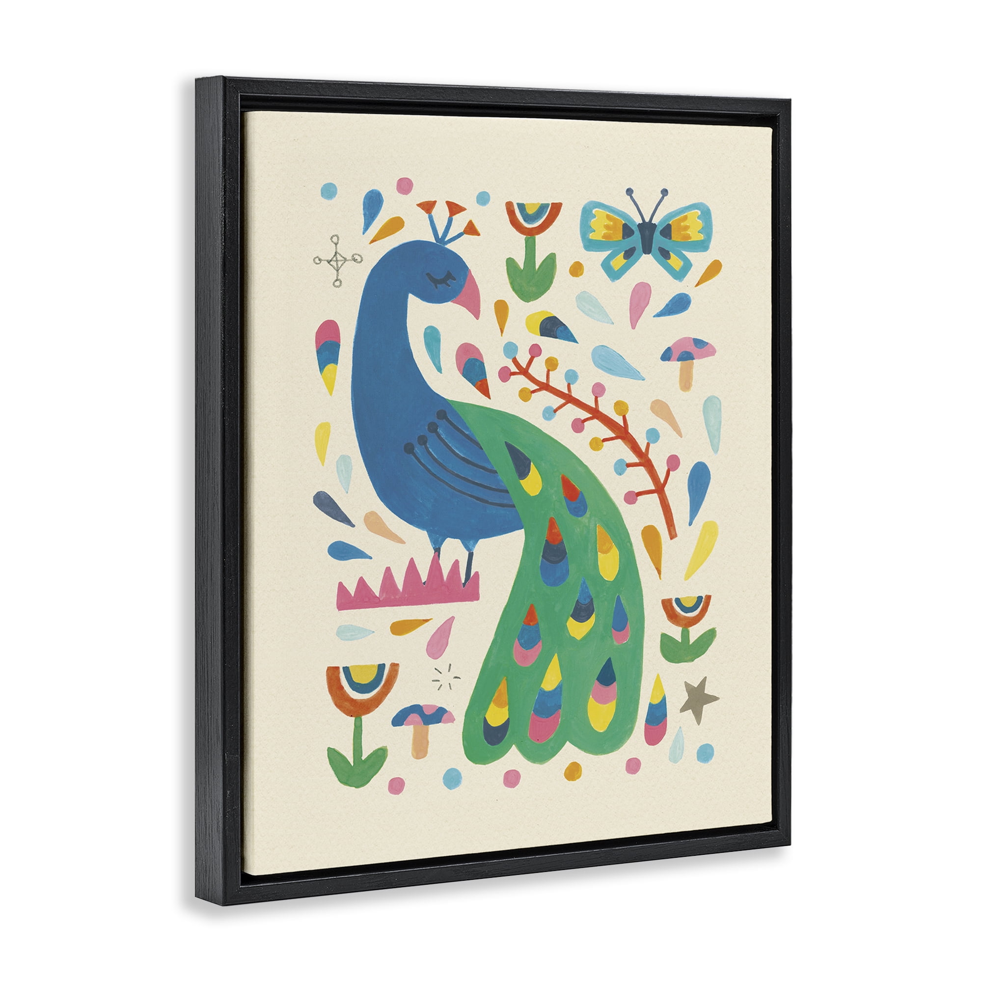 Stupell Industries Pretty Peacock Patterns Animals Painting Black Floater Framed Canvas Art Print Wall Art, 25 x 31