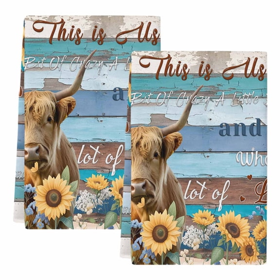 Dish Towels, Farm Highland Cattle Sunflower Absorbent Kitchen Towels 2 PCS, Blue Wood Grain Cow Animal Microfiber Hand Towels Dish Cloths Tea Towels for Home Bathroom Cleaning Drying,18X28-Inch,