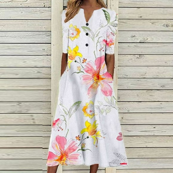 zanvin Femmes Mode Dresses Summer Impression Causale V-Cou Bouton Manches Courtes Vacances Poches Robe