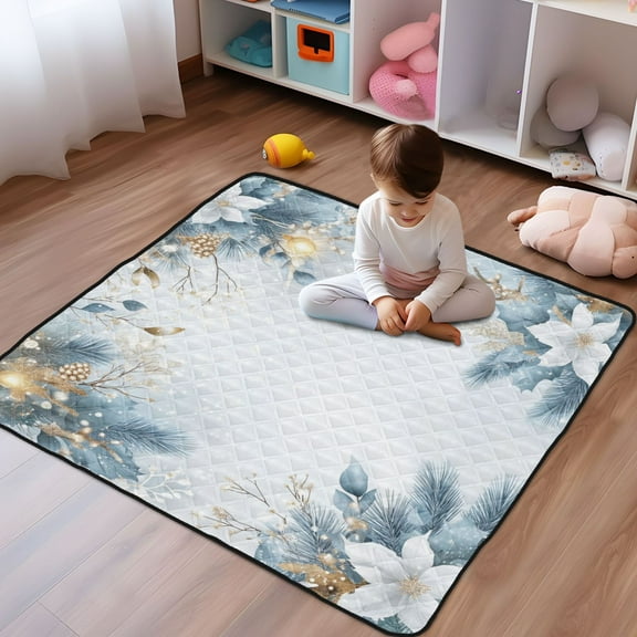 WOBOGO White Background with Snowflakes Baby Playmats Extra Large Waterproof Rollable Activity Pads for Toddlers 50×50inch