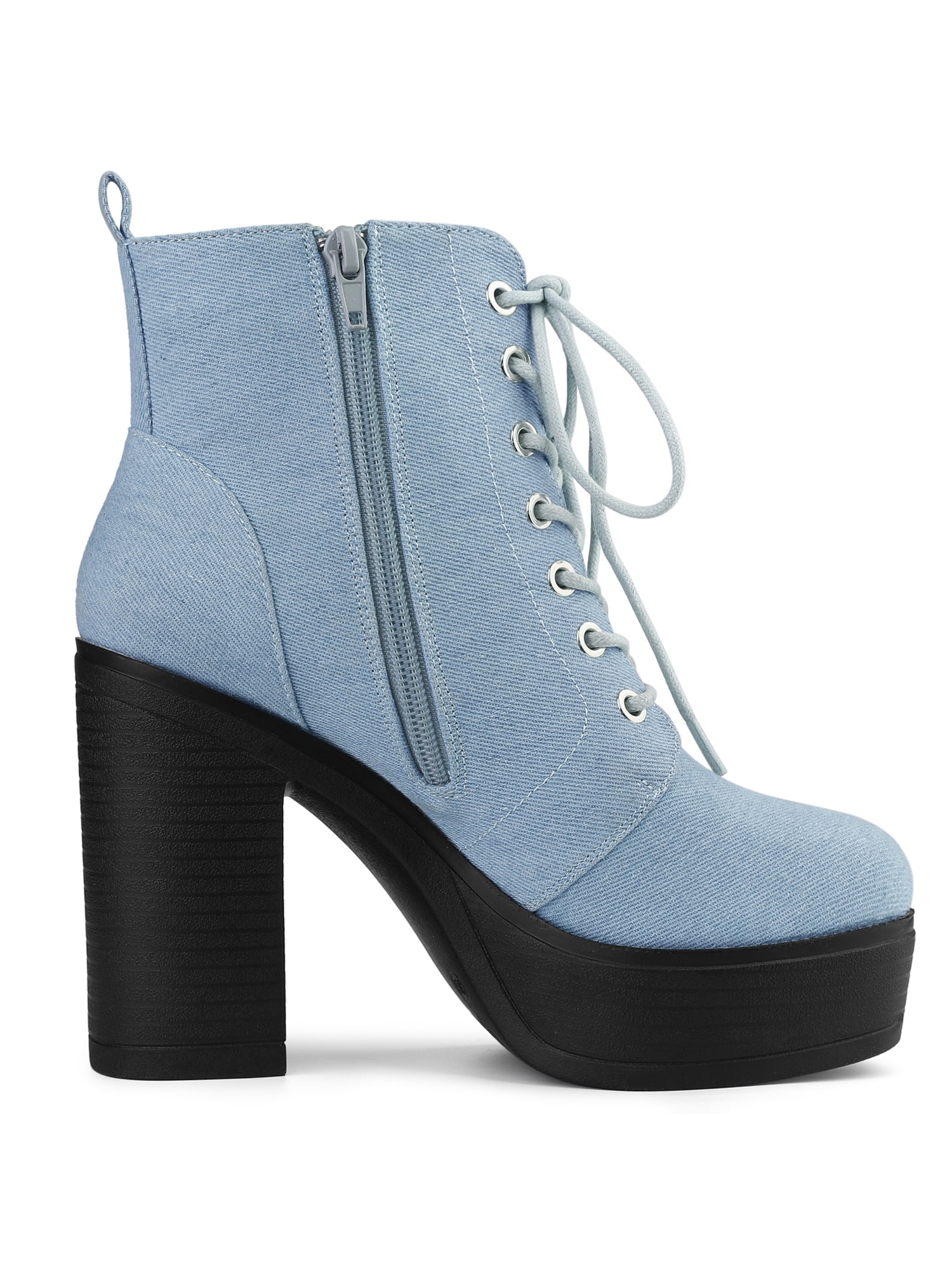 DARING DIVA Women's Zip Platform Block Heel Combat Boots Denim Blue 9